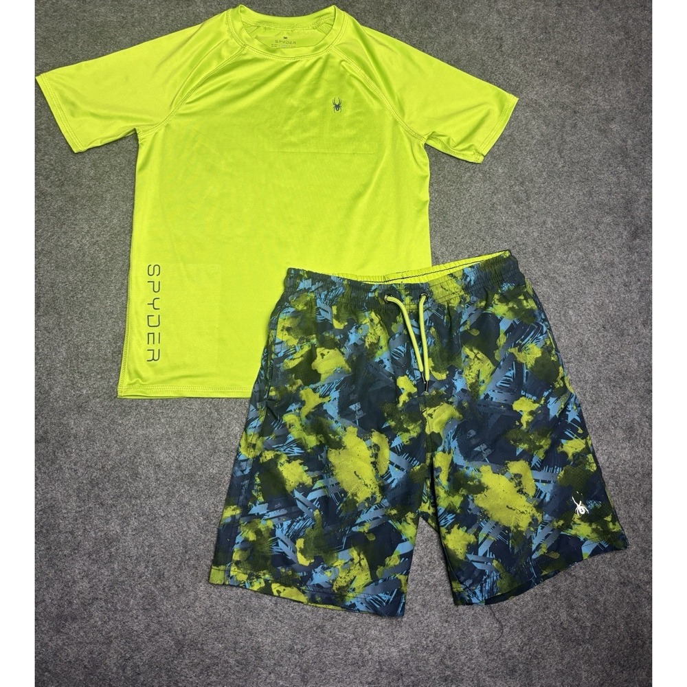 Spyder Boys Rash Guard Swim Shirt & Swim Trunks Set Youth Medium Green Blue